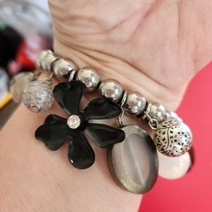 Designer Silver Bead Stretch Bracelet w/ Multicolored Beads & Other Baubles